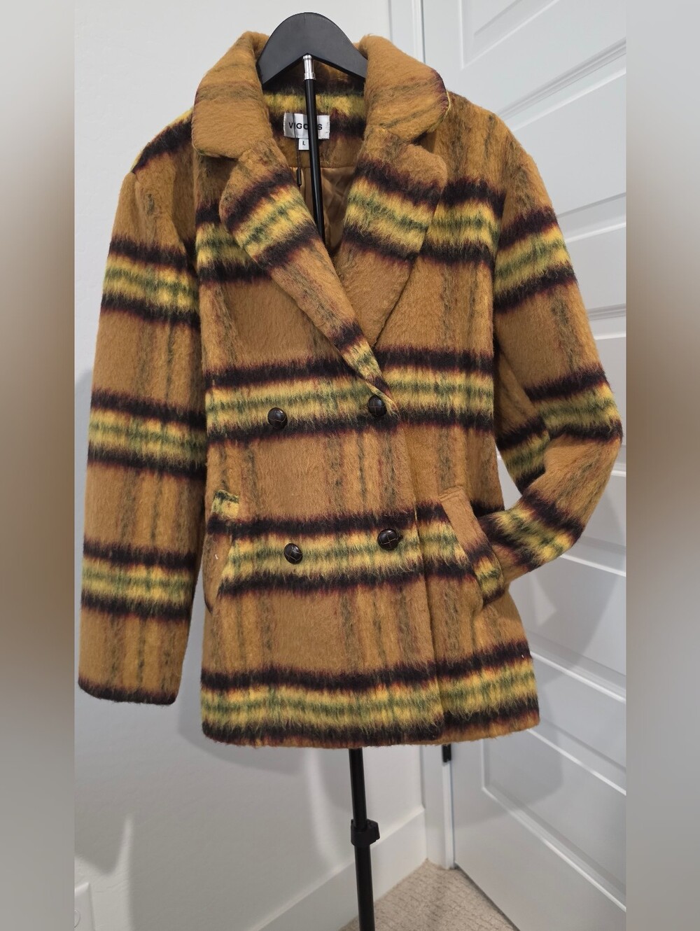 Vigoss Cozy Plaid Teddy Pea Coat Jacket Yellow Brown Tan Women's Sz Large NWT